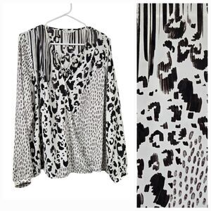 CAbi White Mixed Animal Print Faux Wrap Long Sleeve Blouse Snow Leopard Spots